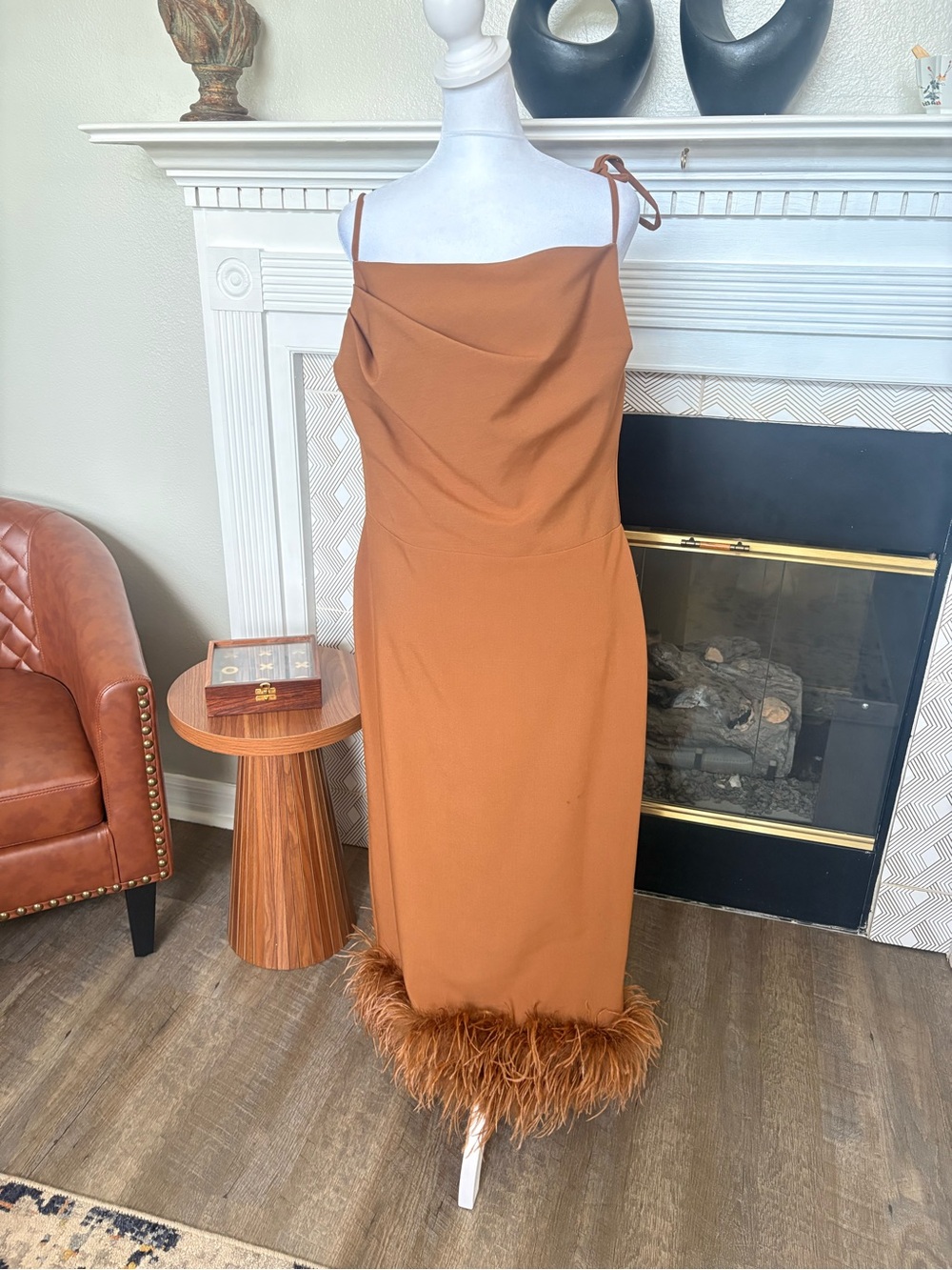 Feather-Hem Midi Slip Dress in Rust